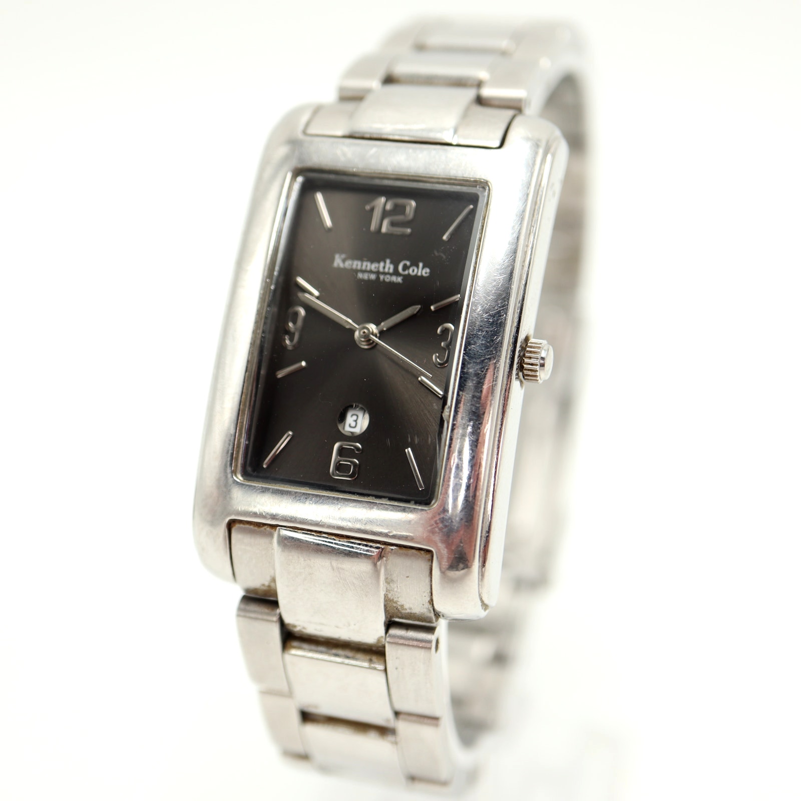 Kenneth Cole Ny Silver Tone 26mm Tank Date Watch Stainless Steel W New Battery